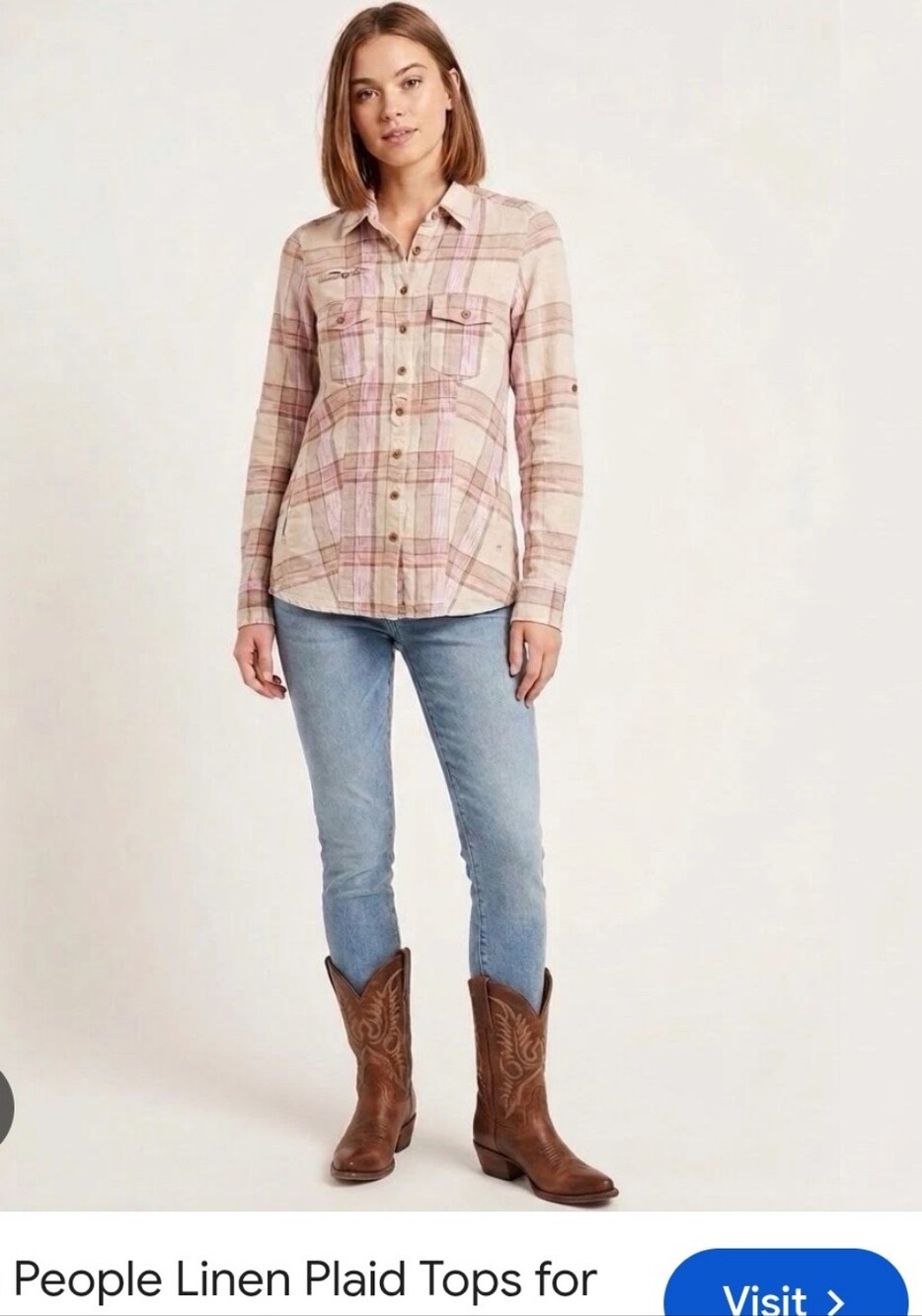 Free People Cream and Pink Plaid Linen Button-Down Shirt Size XS